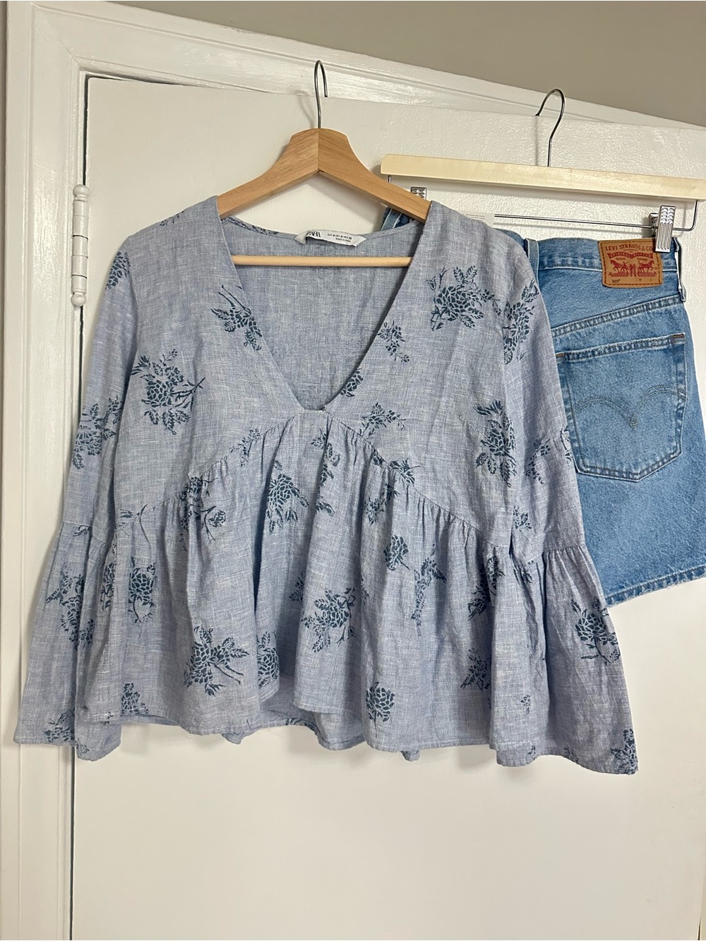 Zara Light Blue Floral Tiered V-Neck Blouse